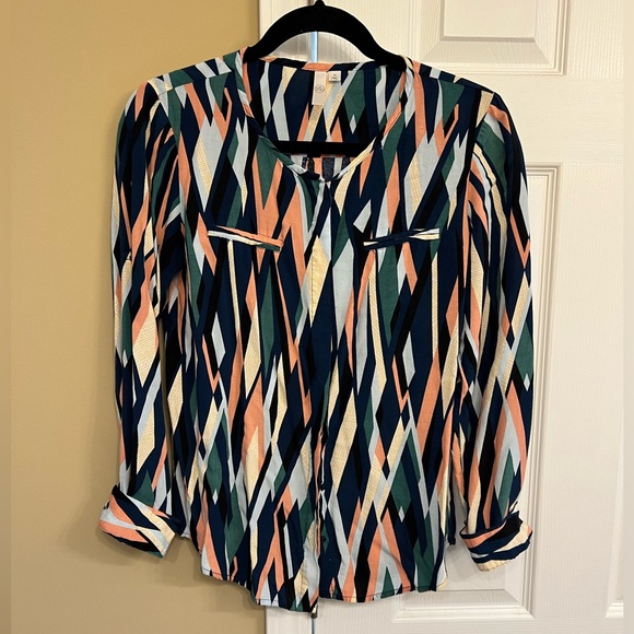 Source Unknown Tops - Source Unknown Geometric Print Button-Down Blouse - Navy, Peach, Green, Cream